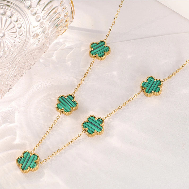 14K Gold Plated Stainless Steel Necklace Woman Five Leaf Petals Double