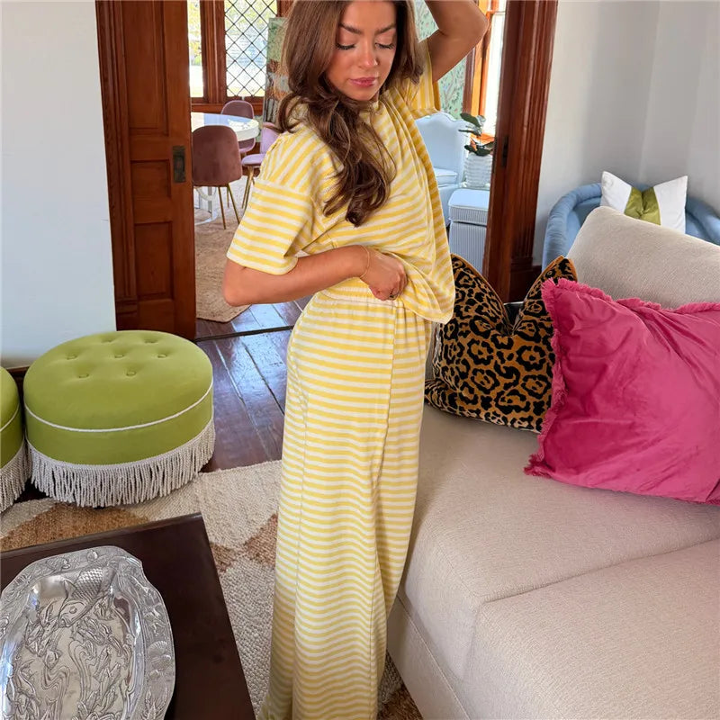 Women Y2K Striped Two Piece Outfit Summer Basic Short Sleeve Crew Neck Top and Wide Leg Pants Set Casual Loungewear Homewear