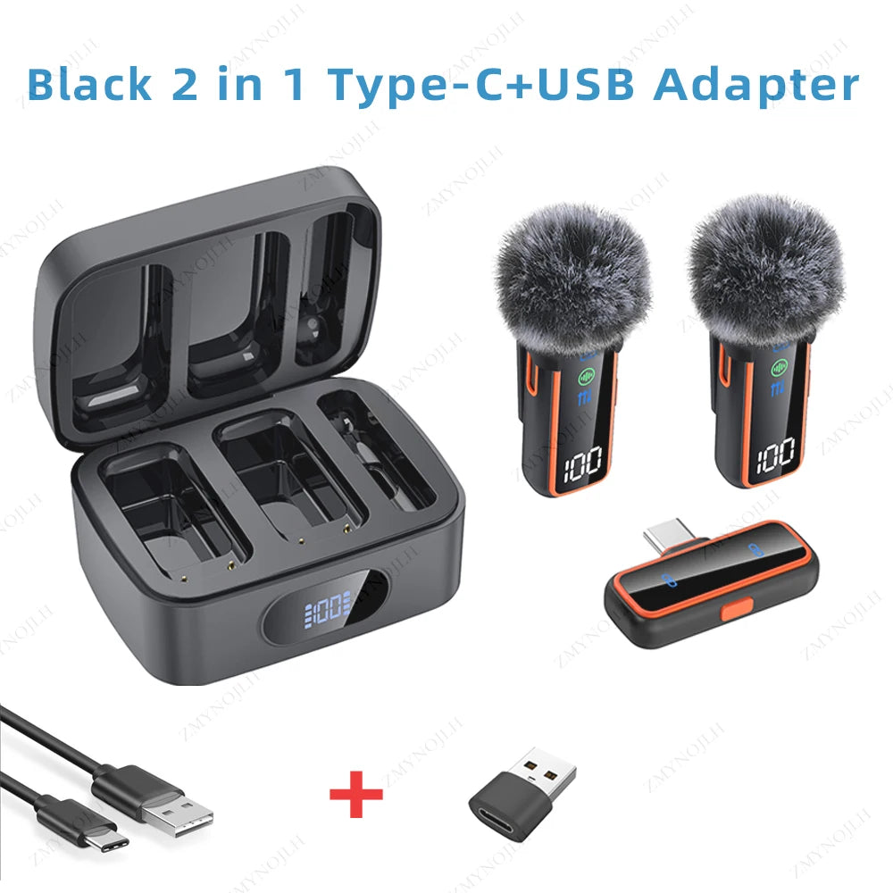 2.4G Wireless Lavalier Microphone Voice Changer AI Noise Cancelling Dual LED Display Charging Case Deep Voice Female Voice Black