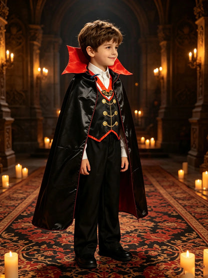 Boys vampire themed costume set including stand collar cape, decorated waistcoat and long trousers, classic gothic outfit for Halloween fancy dress and party performance