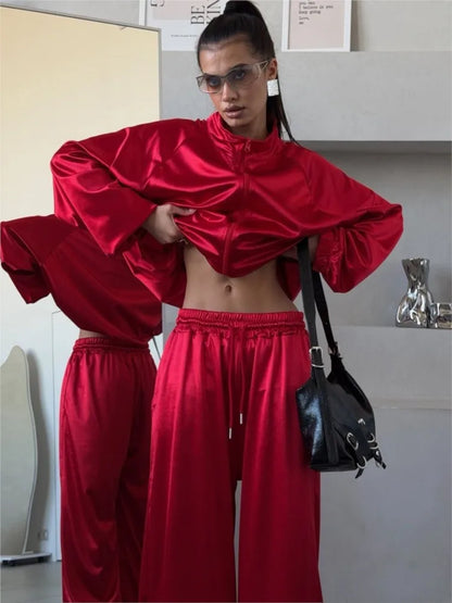 2026Spring Autumn New Satin Women's Sports Suit Fashion Zipper Long Sleeve Jacket Casual Loose Female Wide Leg Pants 2 Piece Set