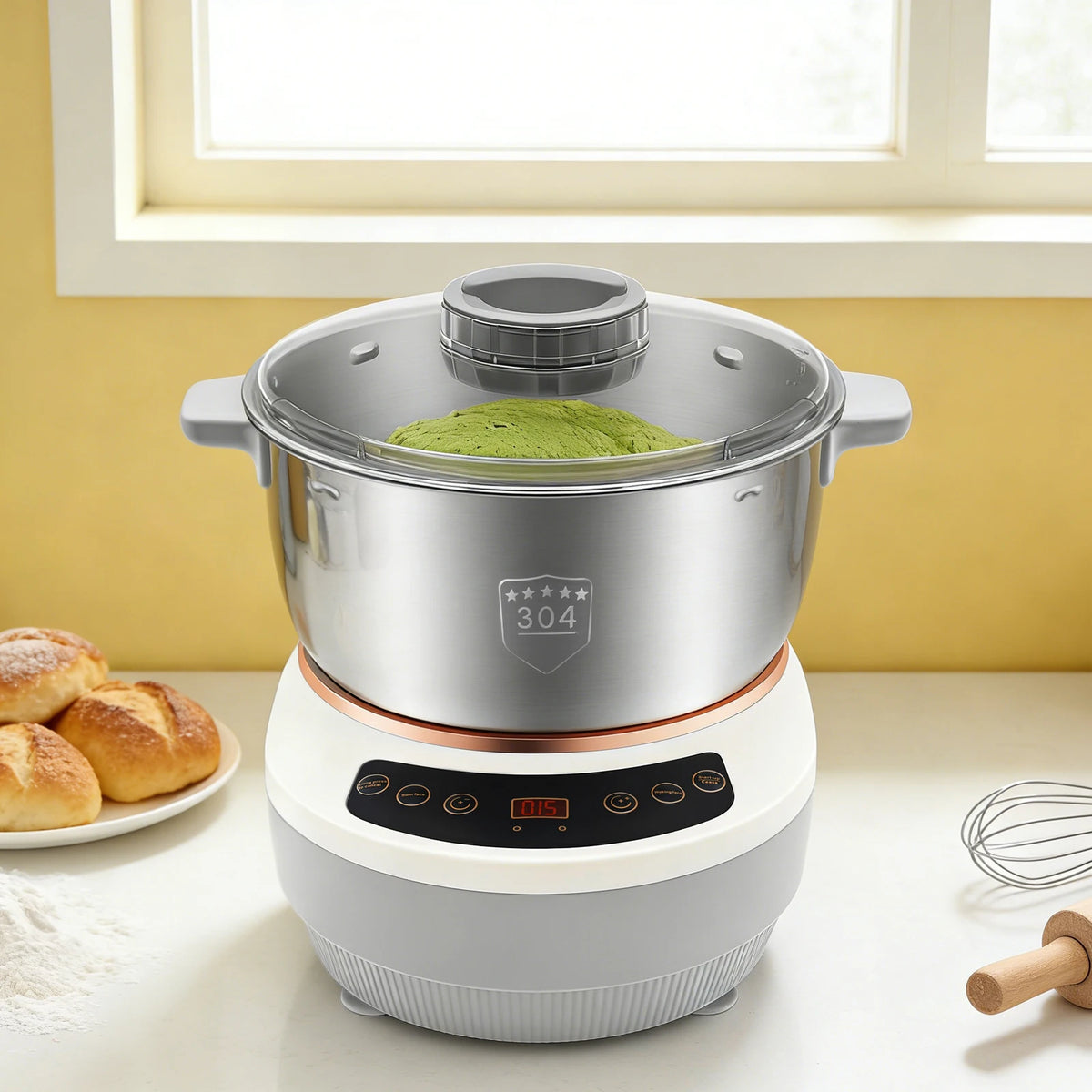200W Electric Kneading Machine, 304 Stainless Steel Dough Kneading Machine, 5L Stand Mixer, 140-170 RPM, Timer Auto-Off, for Kitchen, Baking, Silver