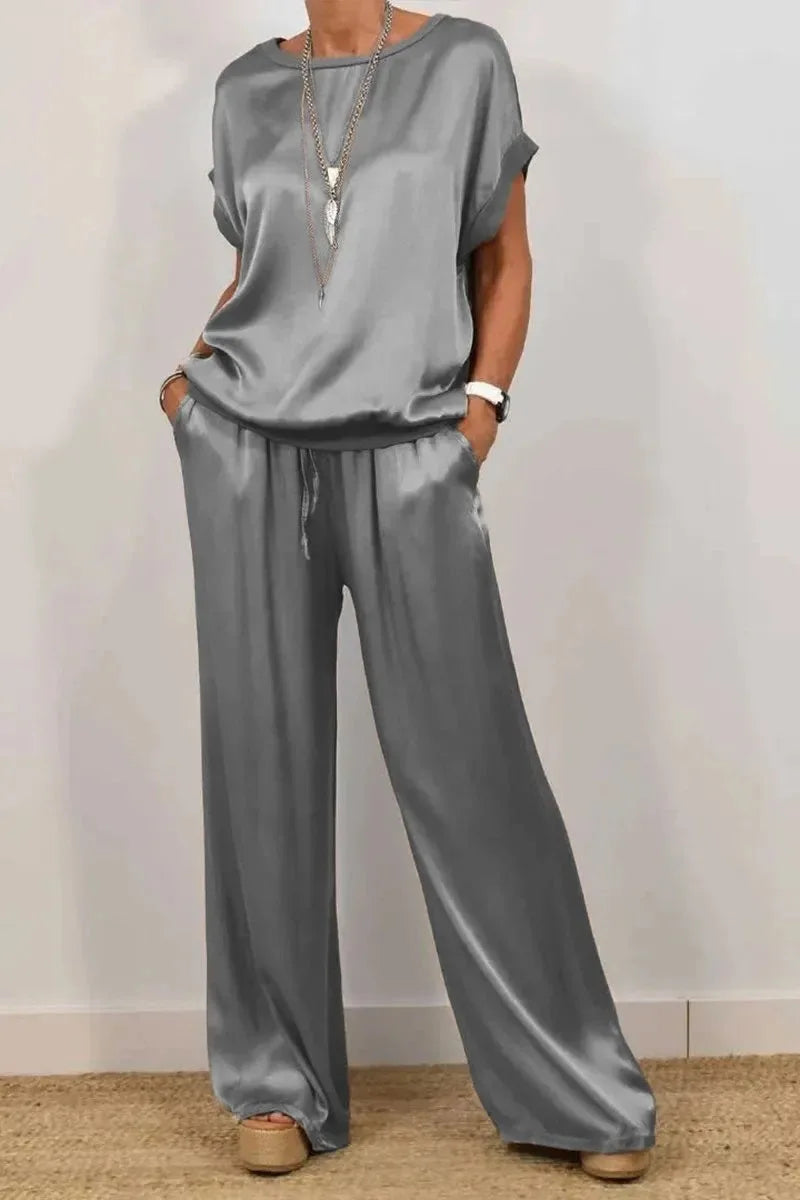 Casual Solid Color Two Piece Set Loose O-neck Short Sleeved Pullover Top Elastic Waist Wide Leg Pants Set Fashio Commuting Set