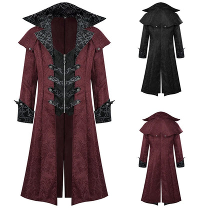 2026 Burgundy Medieval Jacquard Trench Coat for Men,Vintage Gothic Dark Men's Jacket ,Halloween Cosplay Performance Costume Men