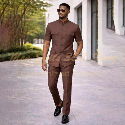 Summer Safari Men's Suits Fashion Regular Fit Short Sleeve Blazer Elegant Luxury Single Breasted 2 Piece Jacket Pants Outfits