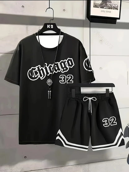 Summer Men's Chicago-Themed Relaxed Set Size 32 Printed T-Shirt and Shorts Set Adult Sports Casual Plus Size Two-Piece Set