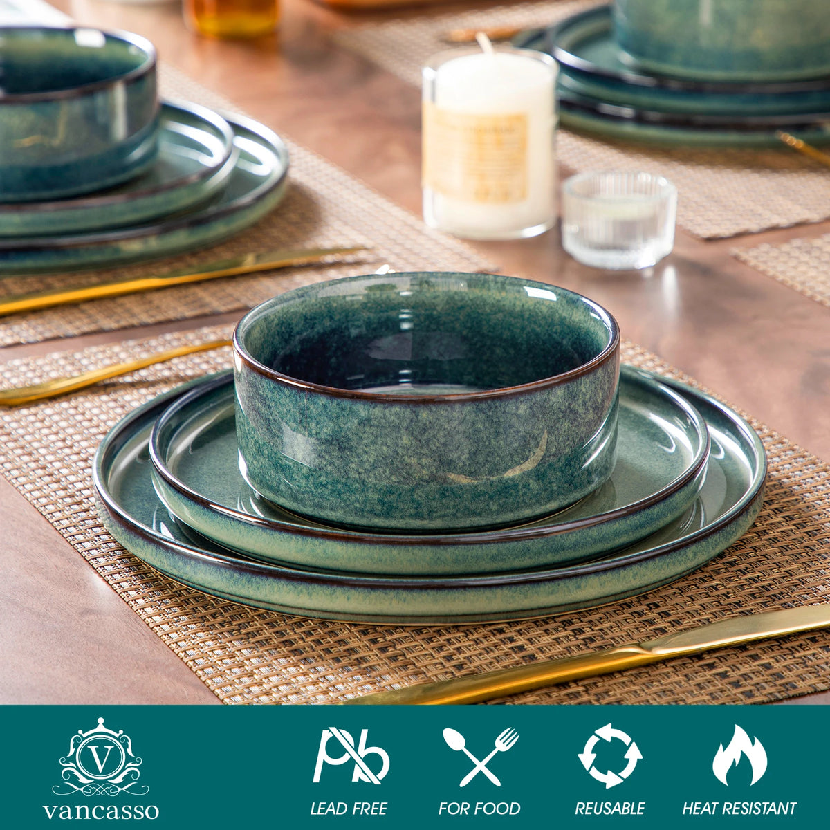 Vancasso 12/24/36 Piece Dinner Set Black Green Reactive Glaze Vertical Edge Dinnerware Set with 4 PCS Dinner Plate/Dessert/Bowl