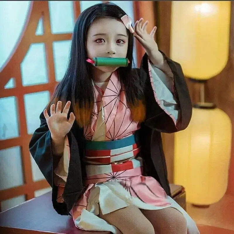 Animn Kamado Nezuko Cosplay Costume Kimono Cosplay Wigs Hairs Halloween Carnival Women Outfit