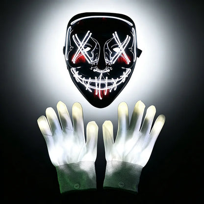 Wireless LED Neon Purge Mask & Fiber Optic Gloves, Scary Glow In Dark Mask for Halloween Carnival Cosplay Bar Birthday Party