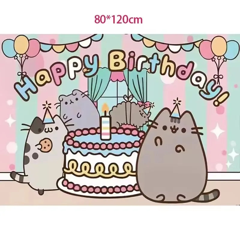 Pusheen Balloons Cartoon Cat Birthday Banner Decoration Party Supplies Backdrop Cake Topper Gift Bag Sticker Spiral Plush Doll