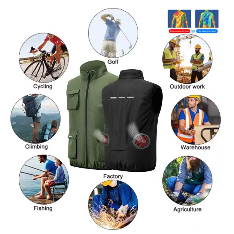 Summer Cooling 2-4 Fan Holes Fan Workwear, Unisex Short Sleeve, Outdoor Sun Protection & Cooling Vest with Built-in Fans