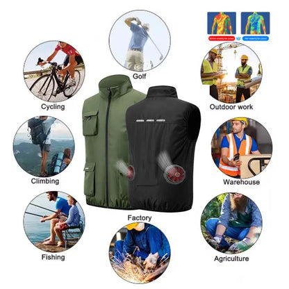 Summer Cooling 2-4 Fan Holes Fan Workwear, Unisex Short Sleeve, Outdoor Sun Protection & Cooling Vest with Built-in Fans