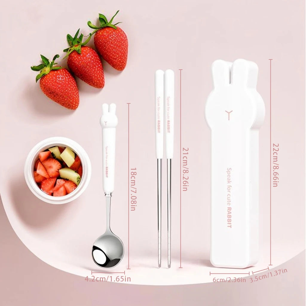 WORTHBUY 3/4PCS Cute Portable Dinnerware Set Reusable 304 Stainless Steel Fork Spoon Chopsticks With Box Cutlery For Kid Student