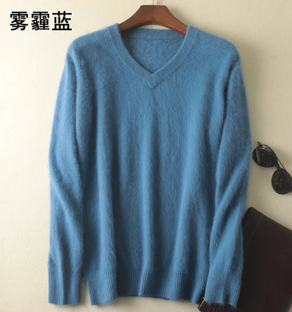 LHZSYY Men's 100% Mink Cashmere Large Size Sweaters Autumn Winter Solid V-neck Casual Knit Pullovers Men Long Sleeve Warm Jumper