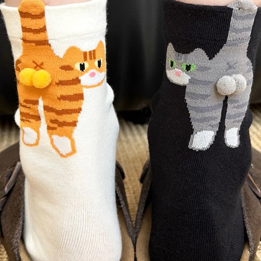 4pcs Funny Abstract 3D Cat Butt Mid-Tube Socks Cartoon Quirky Cotton Casual Socks Cat Egg Floor Sock for Cute Girls Couple Gifts