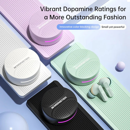 Monster T112 TWS Bluetooth Earbuds AI Multilingual Translation 9D Surround Sound Noise Cancelling Dopamine Color