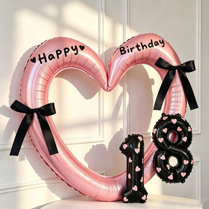 7Pcs 16inch Black Number Hollow-Out Heart Balloons and Heart Stickers Set, Includes 2 Number Balloons, 2 Stickers, 1 Glue Stick, 2 25cm Ribbons, for Birthday Parties, Wedding Anniversary Celebrations, Holiday Decorations