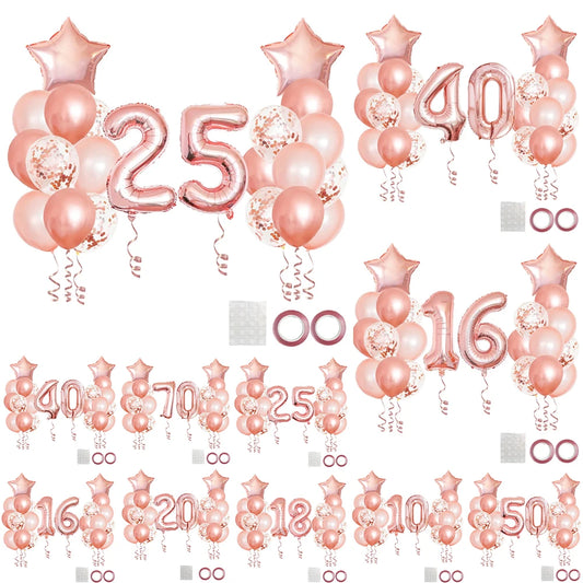 25pcs Rose Gold Mixed Balloons 10 15 16 18  20 21 25 30 35 40 50th Birthday Party Decorations  Woman Birthday Anniversary Decor