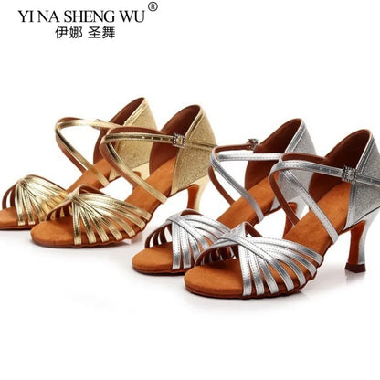 New Arrival Women Dance Shoes Latin Dance Ballroom Modern Dancing Soft Sole Practice Shoes Silver Gold Heel Shoes Dance Shoes