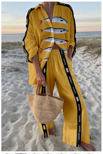 Fashion Print Beach Holiday 2-Piece Set Women Spring Summer Long Sleeve Shirt Top + Wide Legs Women's Oversized Two-Piece Outfit