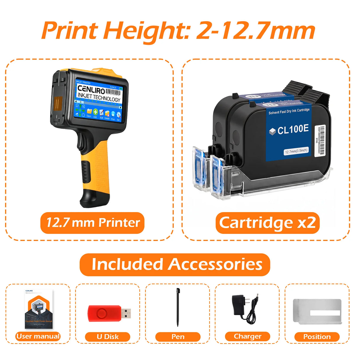 Cenliro Upgrated Handheld Inkjet Printer CL12B with Black Fast-drying Ink Cartridge for Date Batch Number Logo QR Code 600DPI
