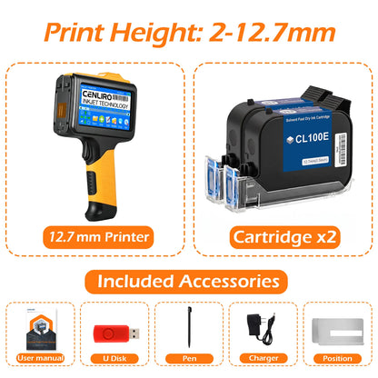 Cenliro Upgrated Handheld Inkjet Printer CL12B with Black Fast-drying Ink Cartridge for Date Batch Number Logo QR Code 600DPI