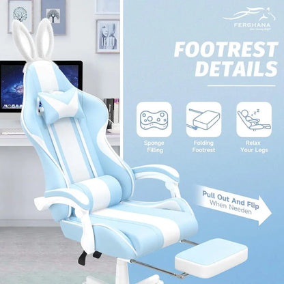 Light Blue Ergonomic Gaming Chair with Bunny Ears, Reclining Massage Chair for Teens and Adults