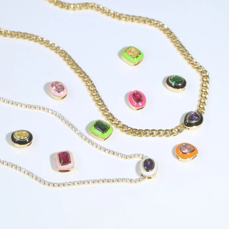 Neon Enamel Pink Heart Rectangle Charm Necklace Bling Colorful CZ Geometric CZ Beaded Tennis Cuban Chain Fashion Women Jewelry