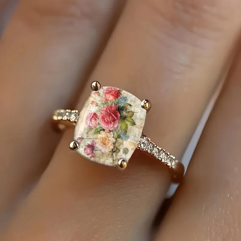 Ladies Rose Bundle Retro Illustration Square Ring Design Light Luxury Fashion Jewelry Daily Wear Special Occasions Suitable Gift