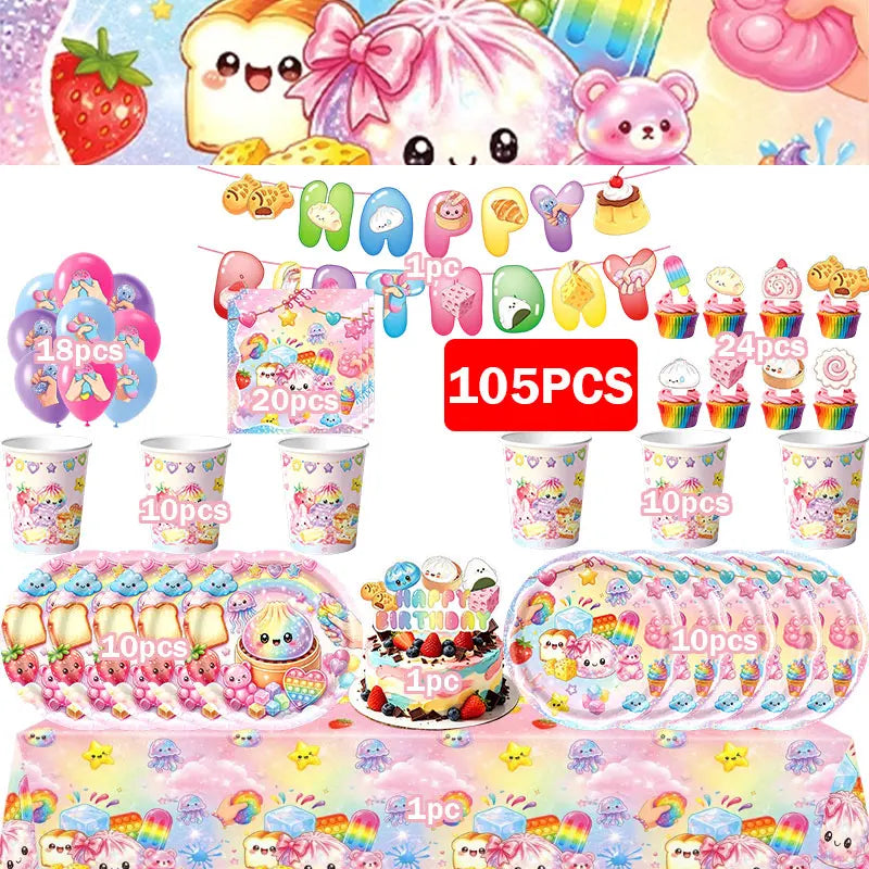 Squishy Bao Bun Themed Birthday Party Decorations Set Tableware Paper Plates Cups Cute Squishy Gift Bags Balloon Banner Supplies