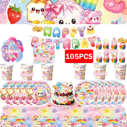 Squishy Bao Bun Themed Birthday Party Decorations Set Tableware Paper Plates Cups Cute Squishy Gift Bags Balloon Banner Supplies