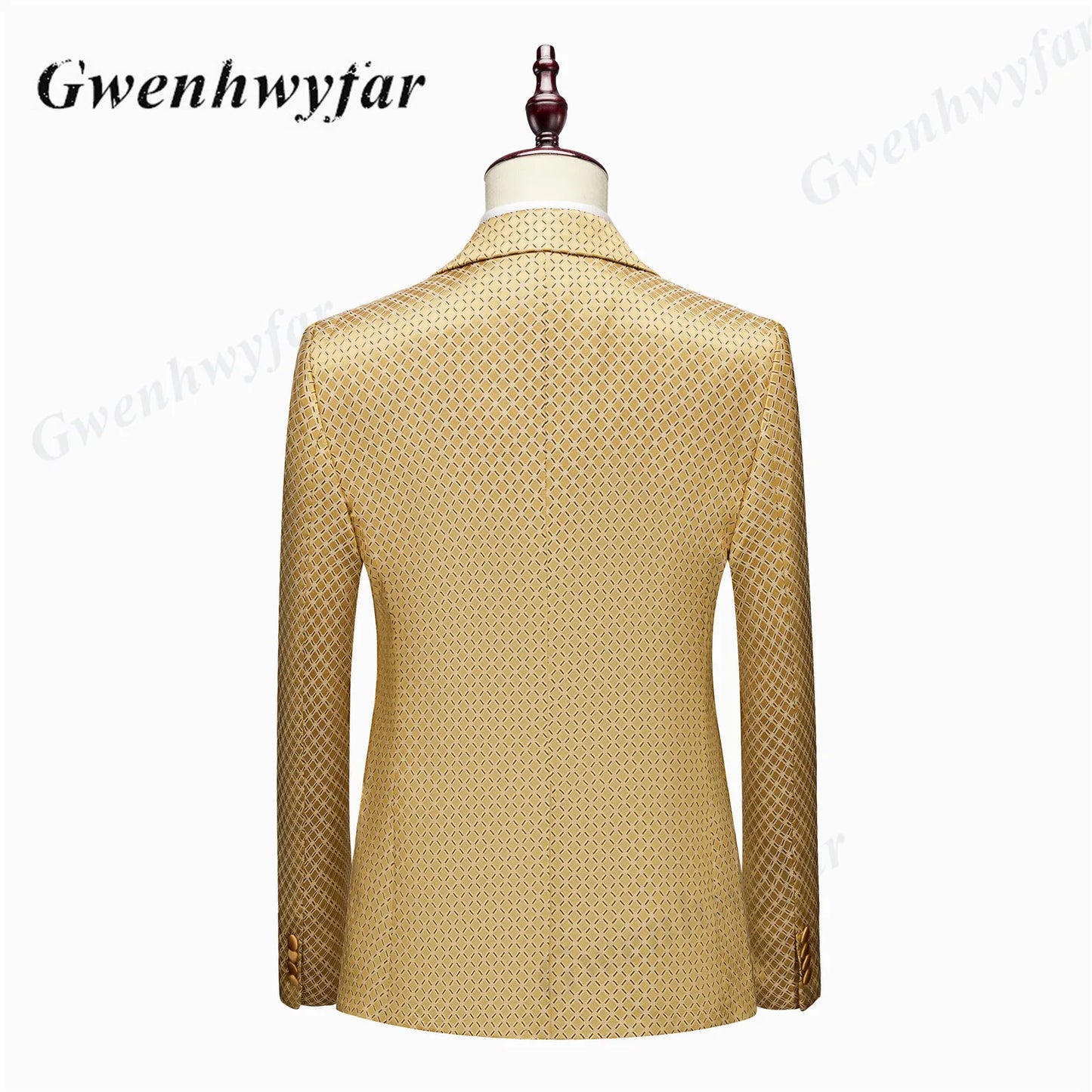 Gwenhwyfar Wheat-gold Patterns Suits of Men 2026 Autumn Party Suits Include Plain Gold Lapel Blazer Patterns Vest Slim Pants