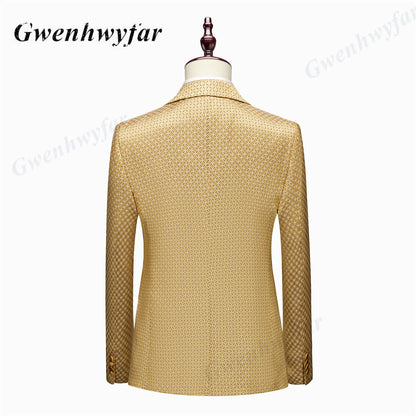 Gwenhwyfar Wheat-gold Patterns Suits of Men 2026 Autumn Party Suits Include Plain Gold Lapel Blazer Patterns Vest Slim Pants