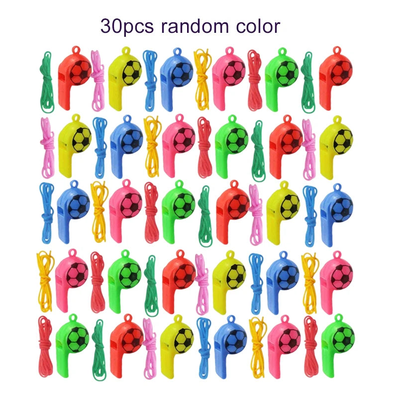 10/20/30pcs Football Style Whistle with Rope Plastic Colorful Party Gathering Noise Producing Material Cute Cartoon Whistles TMZ