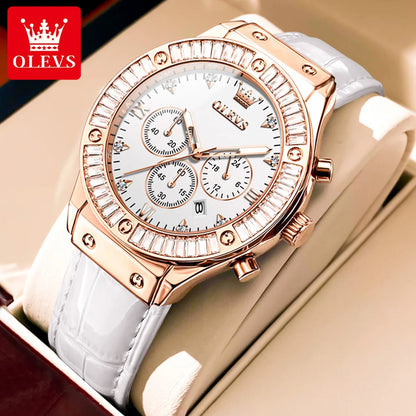 OLEVS 9978 Women Watch Original Quartz Watch Waterproof Leather Strap Multifunctional Chronograph Watch Bracelet Set Gifts Box