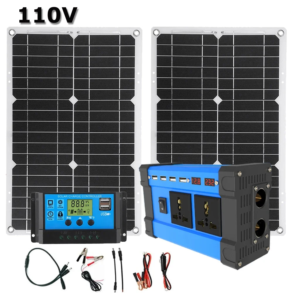 6000W Solar Power Complete Kit 12V To 220V Inverter 30A Controller 2*300W Panel System for Home/RV/Camping Full House Generator