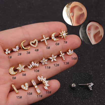1PC Korean Stainless Steel Mini Zircon Cartilage Ear Stud Earrings For Women Moon Cross Flowers Helix Tragus Piercing Jewelry