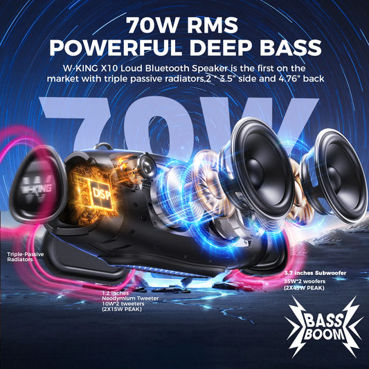W-KING X10 Bluetooth Speaker, 120W Max Portable Loud Speakers Wireless Bluetooth Boombox, 70W IPX6 Waterproof Outdoor Party Large Big Speaker, Triple Passive Radiator/Subwoofers*2-Deep Bass/42H/TF/AUX/EQ