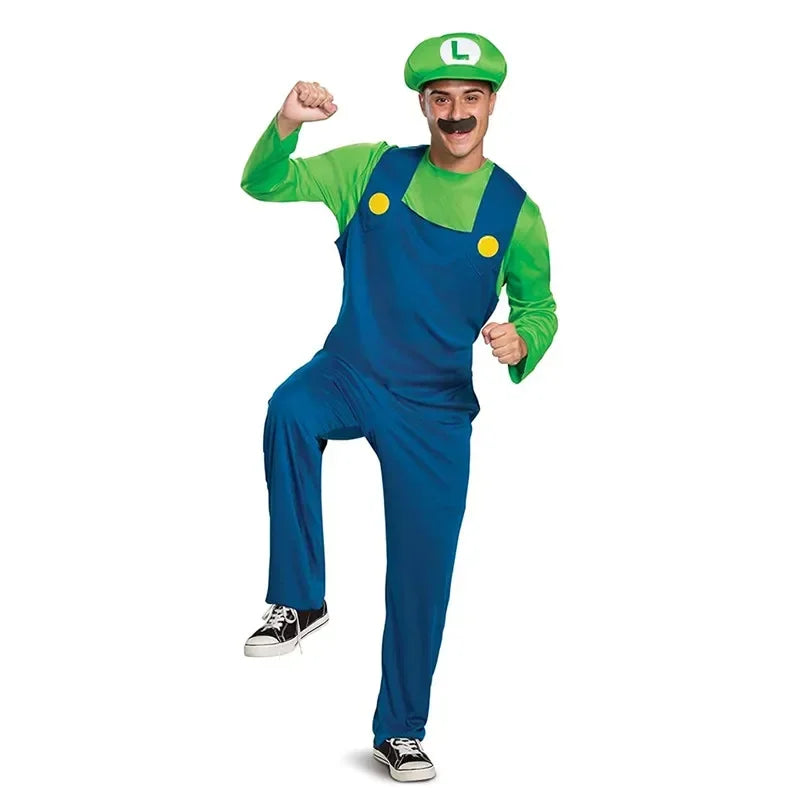 Anime Game Plumber Brothers Costume Funny Performance Costume Halloween Unisex Mens Womens Teen Party with Hat and Mustache
