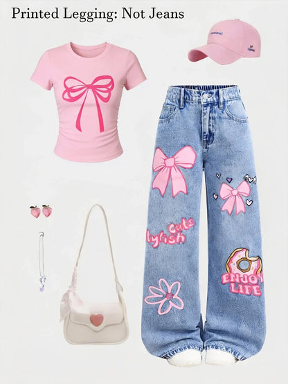 Girls' Y2K Style 2-Piece Set: Pink Bow-Print Slim-Fit Cropped Short-Sleeve Tee + Cartoon Donut, Bow, and Floral Print Wide-Leg J