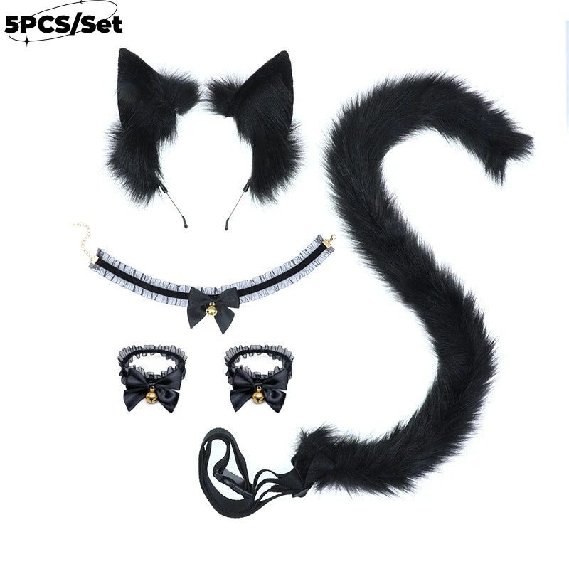 5PCS Sexy Simulation Animal Ear Lovely Tail Set Lace Hand Bell Neck Bell In Stock Plush Cosplay Props Headwear Hair Accessories