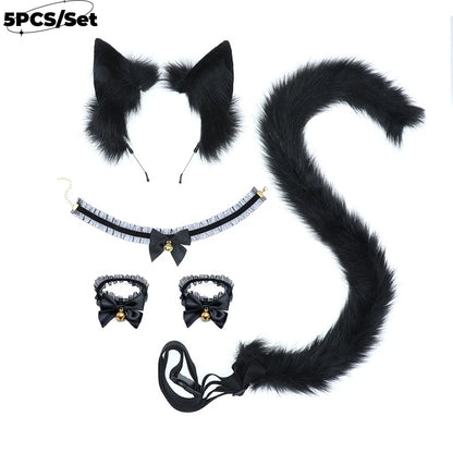 5PCS Sexy Simulation Animal Ear Lovely Tail Set Lace Hand Bell Neck Bell In Stock Plush Cosplay Props Headwear Hair Accessories