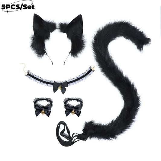 5PCS Sexy Simulation Animal Ear Lovely Tail Set Lace Hand Bell Neck Bell In Stock Plush Cosplay Props Headwear Hair Accessories