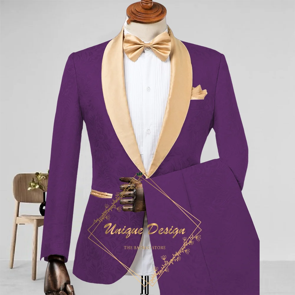 Champagne Men's Suit 2-Piece Set Satin Shawl Lapel Jacquard Jacket Pants Elegant Set for Wedding Groom Summer Party Dating Prom