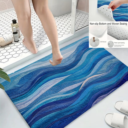 Rich Blue Wavy Pattern Bath Mat, Machine Washable Non-Slip Rug, Ideal for Bathroom Kitchen Entryway, Perfect Housewarming Gift
