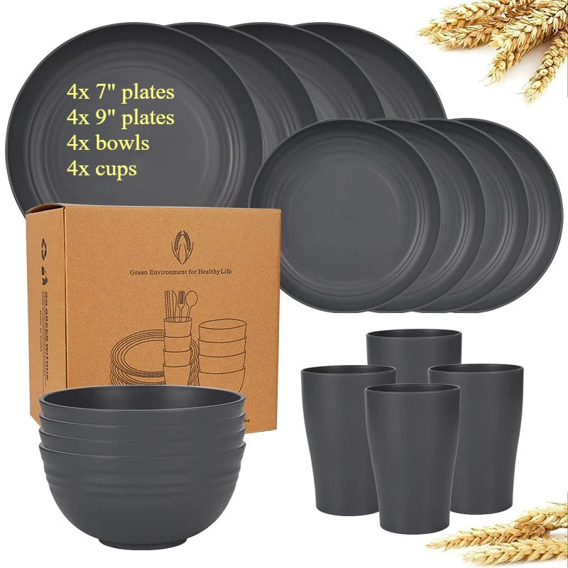 Natural Wheat Straw Tableware Set Dinnerware Sets Biodegradable Unbreakable Plates, Bowls, Cups Lightweight for Kitchen Camping