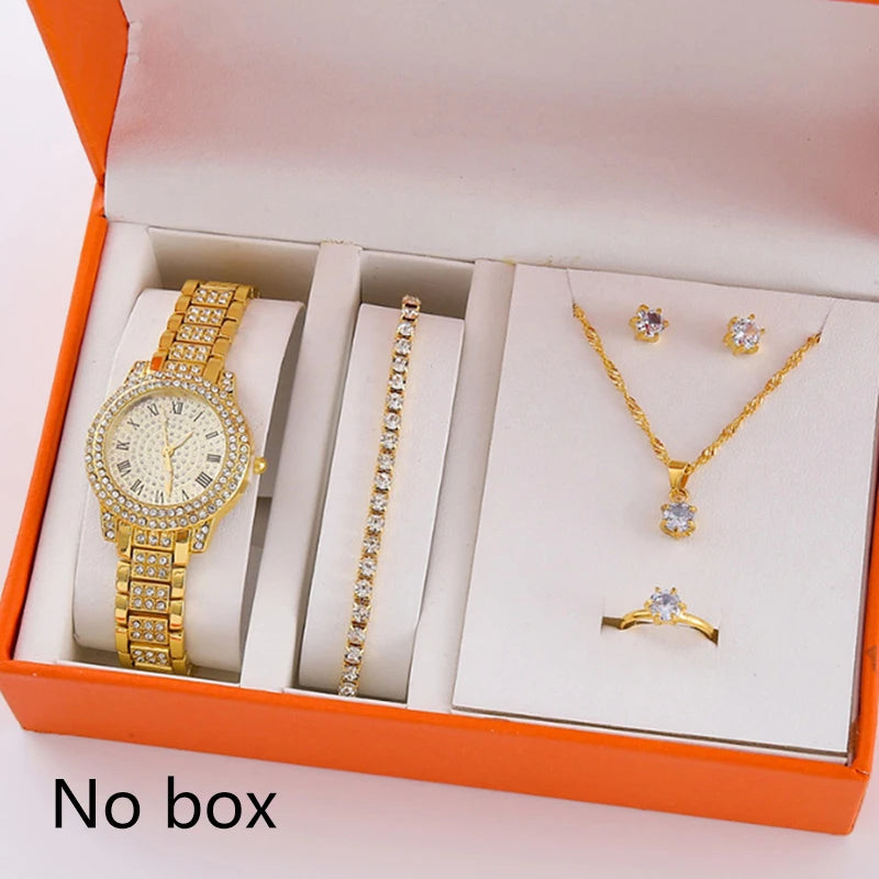 6Pcs/Set Women's Rhinestone Quartz Watch Set Fashion Wrist Watch & Jewelry Set Gift.▪