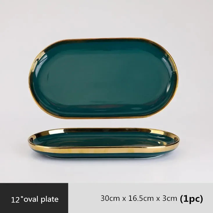 Luxury Forest Green Ceramic Dinnerware Set Include Shallow Plates Rice Soup Bowls Fish Dish And Spoon