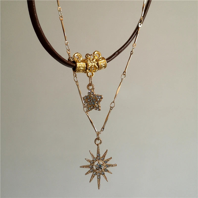 Vintage Leather Brown Stone Sun Pendant Beaded Choker Clavicle Chain Necklace For Women Unique Y2K Personalized Grunge Jewelry