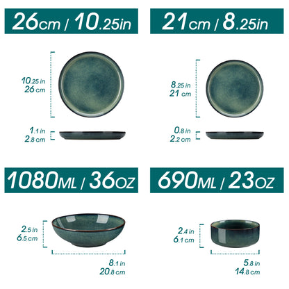 Vancasso 24 Piece Green Klin Change Glaze Stoneware Set Dinnerware Set with 6pcs Dinner Plate/Dessert Plate/Soup Plate/Bowl